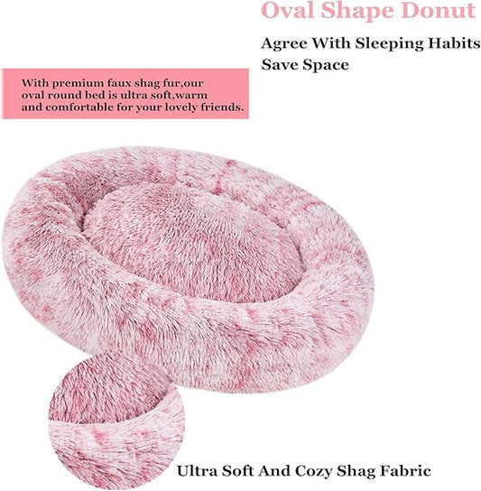 Coohom Oval Calming Donut Cuddler Dog Bed,Shag Faux Fur Cat Bed Washable Round Pillow Pet Bed(30"/36"/43") for Small Medium Dogs (XXL(43"x34"x8"), Red)