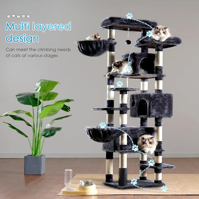 Hey-brother Cat Tree, 74 inches Multi-Level XL Large Cat Tower for Indoor Cats with Three Cat Condos, Two Large Top Decks and Cat Hairbrushfor Kittens, Cats and Pets, Smoky Gray MPJ035-MG