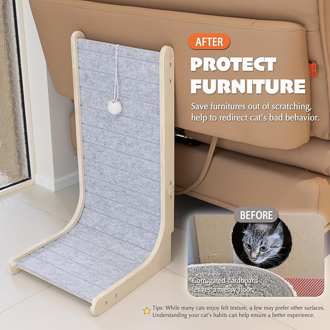 PETKARAY Felt Cat Scratcher, Vertical Cat Scratching Pad, Scratch Resistant Couch Carpet Scratcher, Slot-Free Scratch Board with Toy Ball, Light Grey