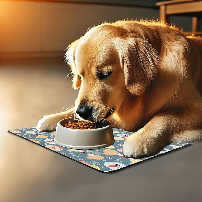 Lunarable Animal Pet Mat for Food and Water, Hedgehogs Kissing Hearts Love Bees Flowers Cheerful Happy Art Image, Non-Slip Rubber Mat for Dogs and Cats, 18" X 12", Multicolor