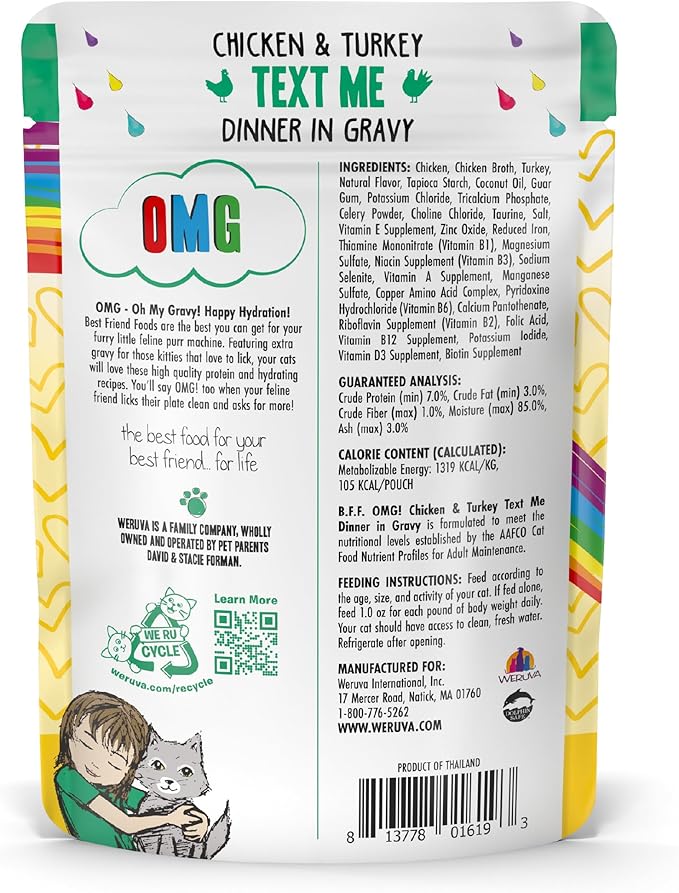 Weruva B.F.F. OMG - Best Feline Friend Oh My Gravy!, Chicken & Turkey Text Me with Chicken & Turkey in Gravy, 2.8oz Pouch (Pack of 12)