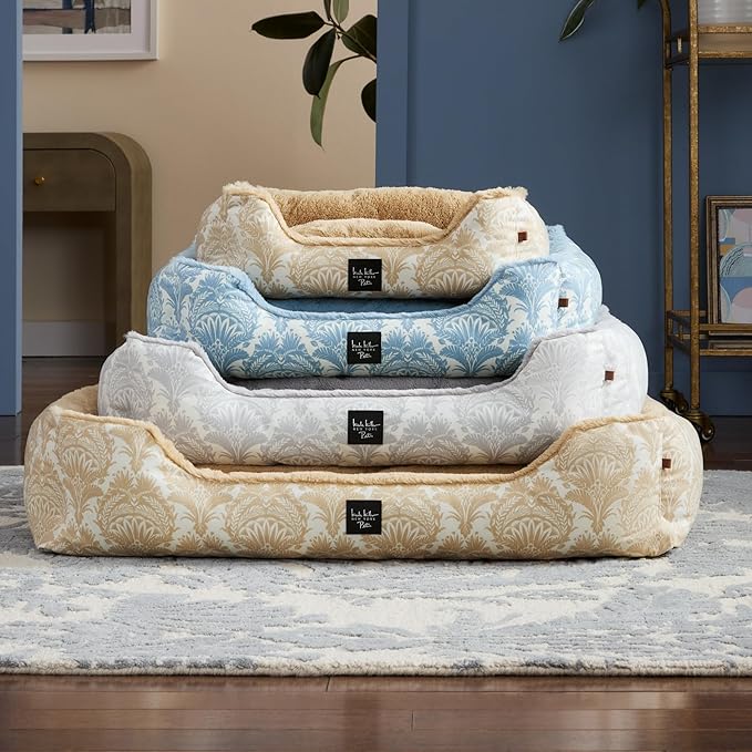 Nicole Miller New York PET Mod Damask Plushy Bolster Pet Bed, Cozy & Calming, Non-Slip Bottom, Machine Washable Cover, Taupe, Medium 30"x23"x8"