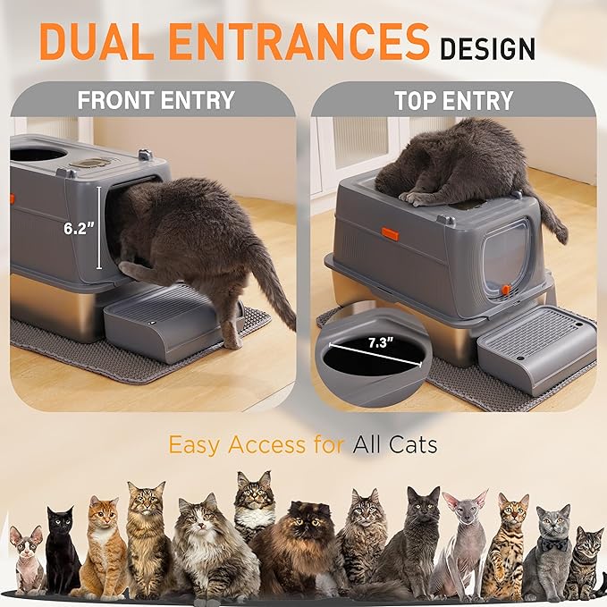Citylife Stainless Steel Cat Litter Box with Lid, Front & Top Entry Extra Large Metal Kitty Litter Box Enclosure with Scoop & Double Layer Mat, Anti-Leakage, Non-Sticky, Dark Grey