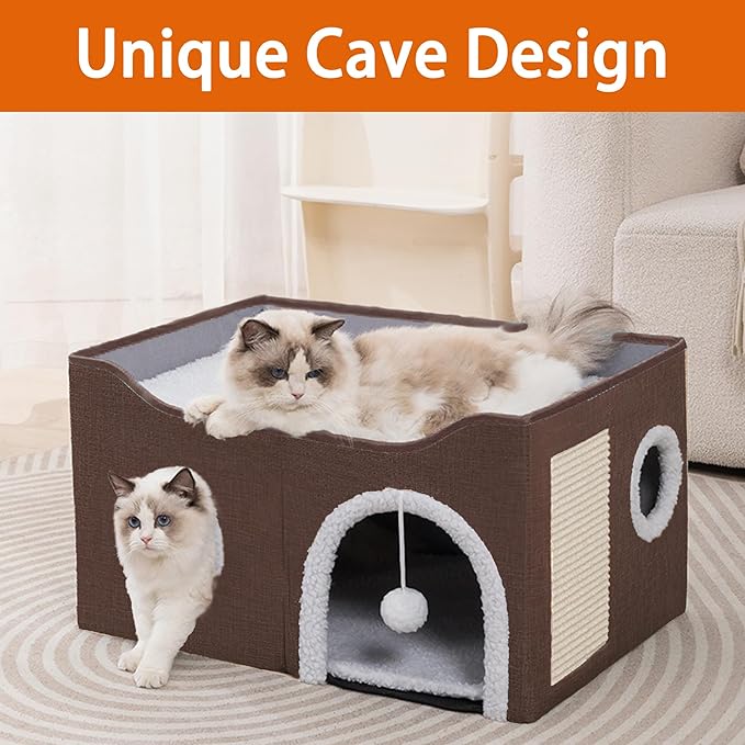Cat Houses for Indoor Cats - Large Cat Bed Cave with Scratch Pad and Fluffy Ball, Foldable Cat Condo Hideaway with Reversible Cushion for Multi Small Pet，Brown