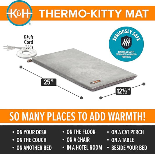 K&H Pet Products Heated Cat Bed Pad for Indoor Cats, Thermo-Kitty Mat Calming Warm Pet Heating Pad for Inside Pets, Machine Washable, Waterproof Heater, Safety Listed - 12.5 X 25in Gray