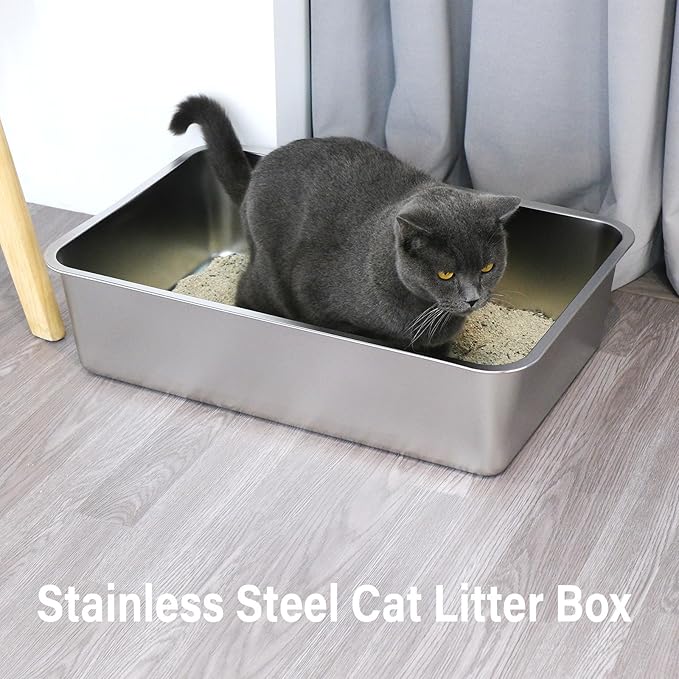 Stainless Steel Litter Box,Metal Cat Litter Box-6" High Side for Cats,Cat LitterBox for Kitty/Kitten and Rabbits, Stainless Steel Cats Litterbox, Easy Clean Non Stick No Smell