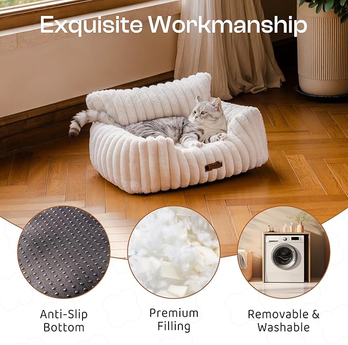 MEWOOFUN Cat Beds for Indoor Cats, Fluffy Cat Couch with Removable Washable Cover, Supportive Small Dog Beds for Puppy & Kitten up to 15 lbs (Beige, 24x19x12)