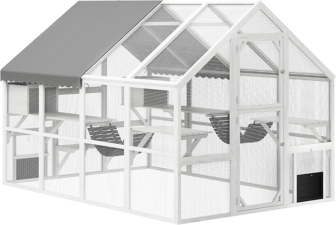 PawHut Large Catio Outdoor Cat Enclosure for Multiple Kittens, Wooden Cat House with Waterproof Cover, Walk in Kitty Cage Kennel with 2 Condos, 6 Platforms, Bridge, Doors, 110" x 73" x 74", White