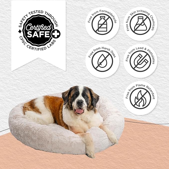 Best Friends by Sheri Original Calming Donut Dog and Cat Bed, Lux Faux Fur, Oyster, XL (45in x 45in) - Anxiety Relief for Pets Up to 150 lbs