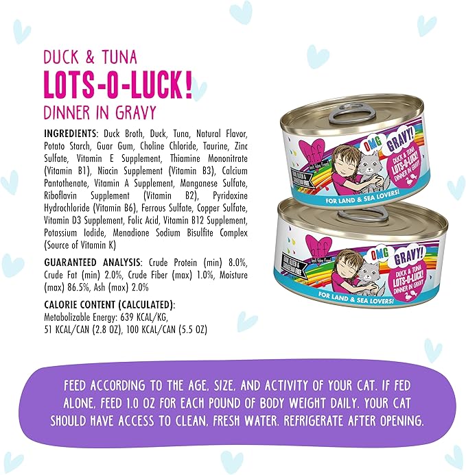 Weruva B.F.F. OMG - Best Feline Friend Oh My Gravy!, Lots-O-Luck! with Duck & Tuna in Gravy Cat Food, 5.5oz Can (Pack of 8)