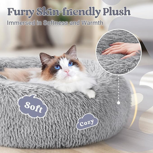 rabbitgoo Cat Beds for Indoor Cats, 20 inches Cat Bed Machine Washable, Fluffy Round Pet Bed Non-Slip, Calming Soft Plush Donut Cuddler Cushion Self Warming for Small Dogs Kittens, Light Grey, Medium