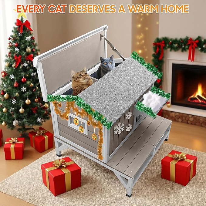 Insulated Cat House Outdoor with Balcony All-Round Insulation Weatherproof Outside Feral Cat Shelter for Winter, Wooden Pet House with Raised Base and Openable Roof for Cats & Small Animals