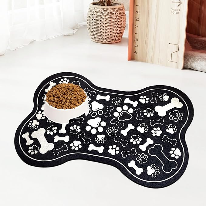 Dog & Cat Food Mat Bone Shaped Pet Feeding Mat Quick Absorb Water Bowl Placemat with Rubber Backing Indoor Floor Stain Resistant Pet Accessory Supplies (Black Small, 12x18 Inches)
