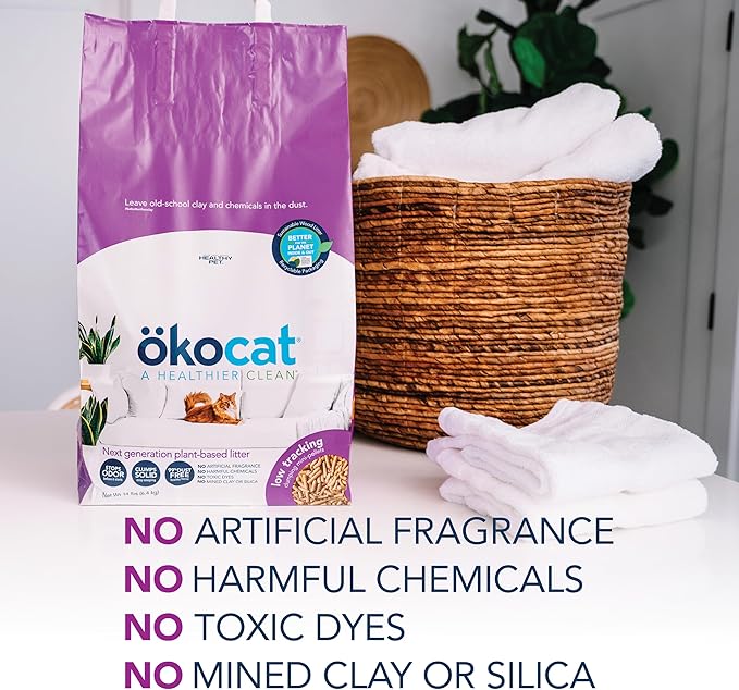 ökocat Less Mess Low Tracking Wood Clumping Cat Litter Mini- Pellets, Unscented, 18.6 pounds - Natural Ingredients, Stops Odor, Clumps Solid, 99% Dust Free, Great for Long-Hair Breeds
