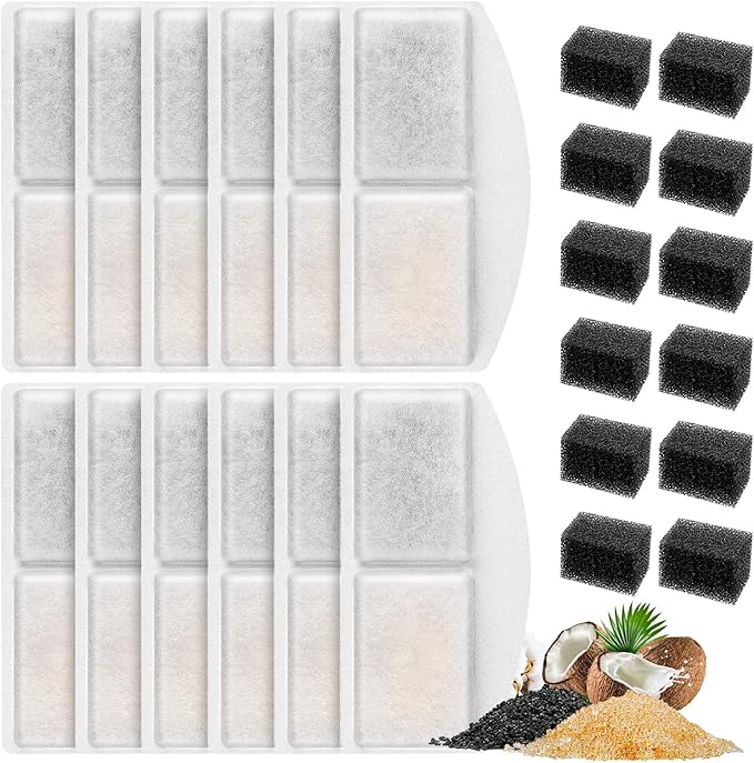 12 Pack Cat Water Fountain Filter Compatible with 100oz/3L Automatic Pet Fountain and 12 Pack Replacement Pre-Filter Sponges, Pet Fountains Filters for Cat Dog Water Dispenser
