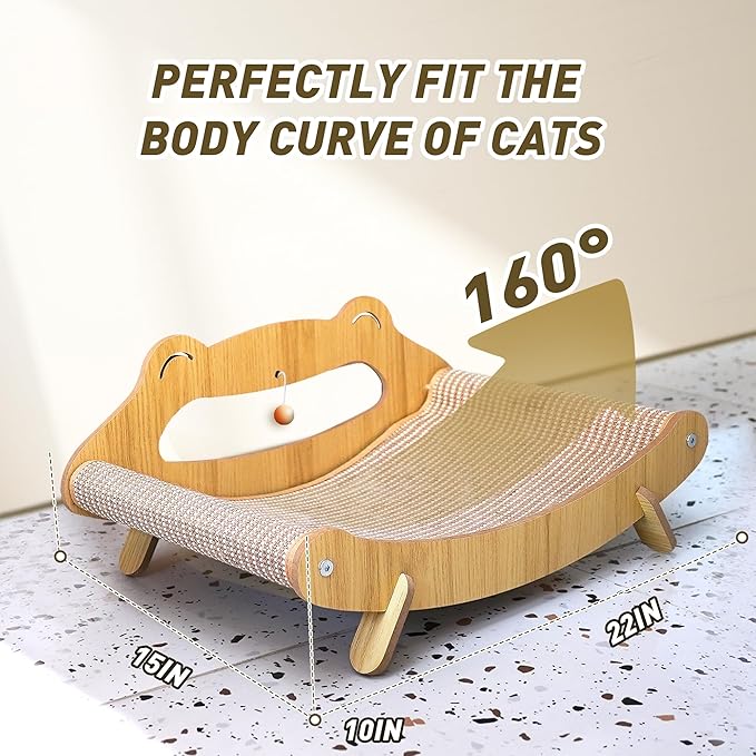 Cat Scratcher Bed for Large Indoor Cats – Natural Sisal Rope & Wooden Frame Scratch Pad, Durable Recliner Chair, Stylish Fluffy Cat Couch & 2-in-1 Play Lounger Furniture Featuring a Hammock (Large)