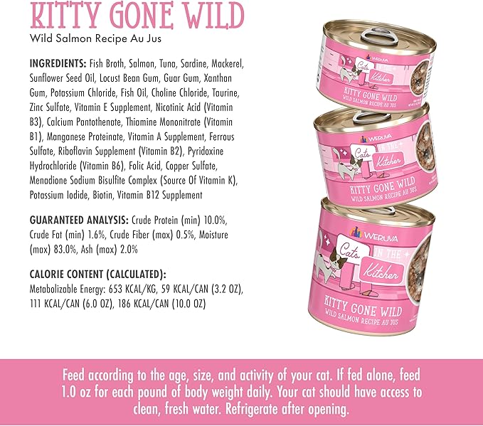 Weruva Cats in The Kitchen, Kitty Gone Wild with Wild Salmon Au Jus Cat Food, 6oz Can (Pack of 24)