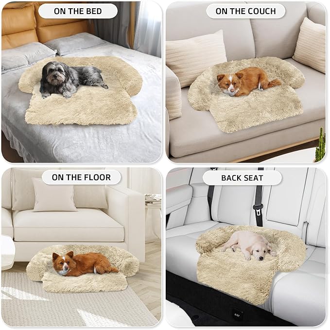 Calming Dog Bed Fluffy Plush Dog Mat for Furniture Protector with Removable Washable Cover for Large Medium Small Dogs and Cats (XS (31"x23.5"x5"), Beige)