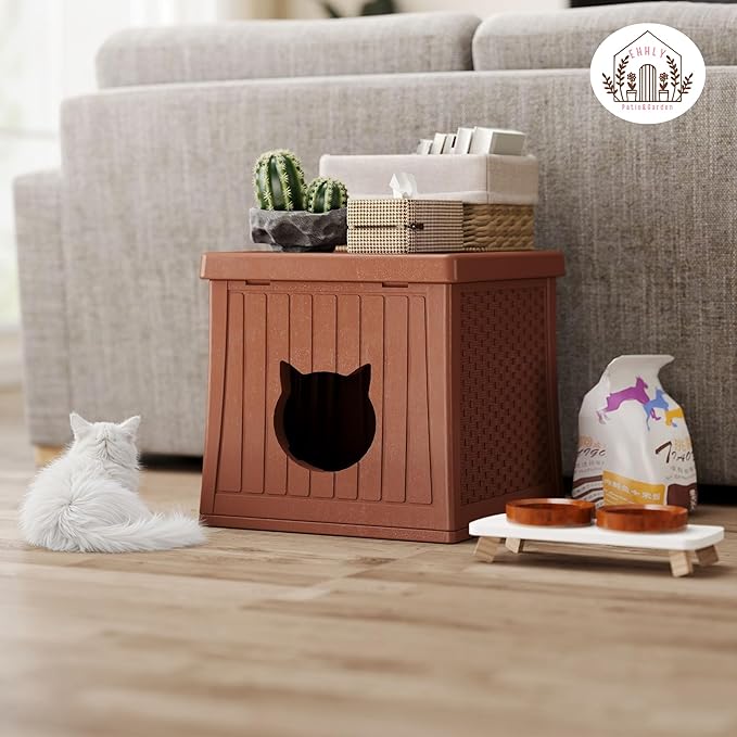 Heavy Duty Cat House Waterproof, Hidden Cat Litter Box Enclosure with Flip Lid for Easy Cleaning, Extra Thick Insulated Cat House Outdoor, Winter Feral Cat Shelter Weatherproof, Caramel