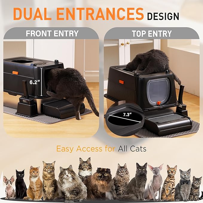 Citylife Stainless Steel Cat Litter Box with Lid, Front & Top Entry Extra Large Metal Kitty Litter Box Enclosure with Scoop & Double Layer Mat, Anti-Leakage, Non-Sticky, Black