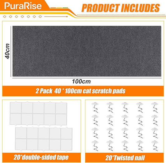 2PCS Cat Scratch Furniture Protector Mat DIY Self-Adhesive,39.3”X 15.8”，Includes Nano Adhesive and Fixing Nails (Gray)，for Sofa, Walls, Floors，Cat Tree,Door, Durable & Pet-Friendly