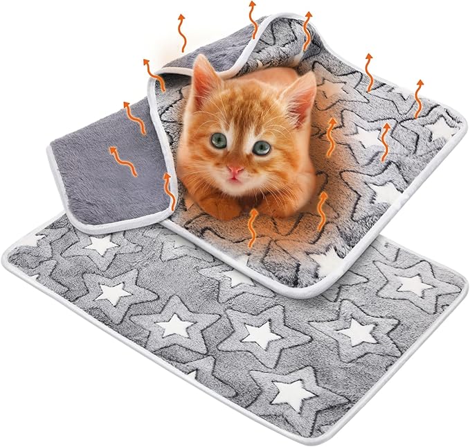 2 Pcs Warming Cat Pad Reflects Heating Dog Crate Self Warming Pad Gray Nursing Cat Blankets Bed Mat for Newborn Kittens Puppies Elder Dog Washable (Double Star,24 x 18)