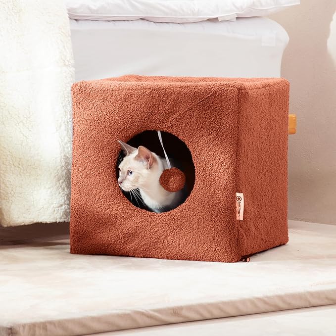 Cat House for Indoor Cats, Fluffy Large Cube Cat Cave Bed, Perfect Hideaway for Multiple Cats & Small Pets, Detachable Sherpa Cover 16 Inches