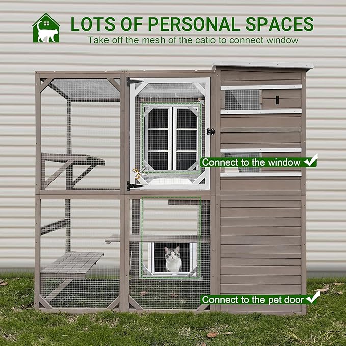 Large Catio Outdoor Cat Enclosure, Weatherproof Cat House Attached to Window for Multi Cats, 4 Story Wooden Kitten Condo Asphalt and UV Protection Roofs, Multi Platforms 153.6" L x 70" H