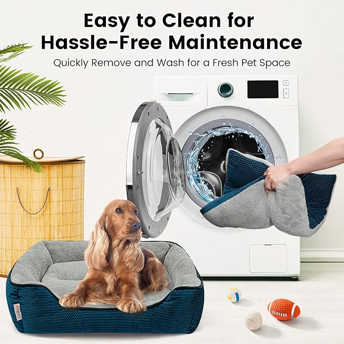 Miguel Dog Bed with Removable Cushion/Pillow for Medium Small Dogs, Washable Pet Bed with Side Easy to Wash Puppy Bed, Large Rectangle Cat Bed for Indoor Cat with Anti-Slip Bottom, Blue 35 Inch