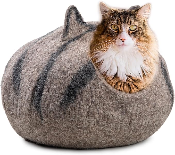 Woolygon Wool Cat Cave Bed - Handcrafted 100% Merino Wool, Eco-Friendly Felt Cat Cave for Indoor Cats and Kittens (Tabby Ears)