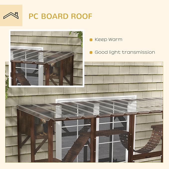 PawHut Catio Outdoor Cat Enclosure Window, Outdoor Cat House with Weather Protection Roof for Multiple Kitties, Wooden Frame, Shelves & Bridges, 118" x 37.5" x 74", Coffee Brown