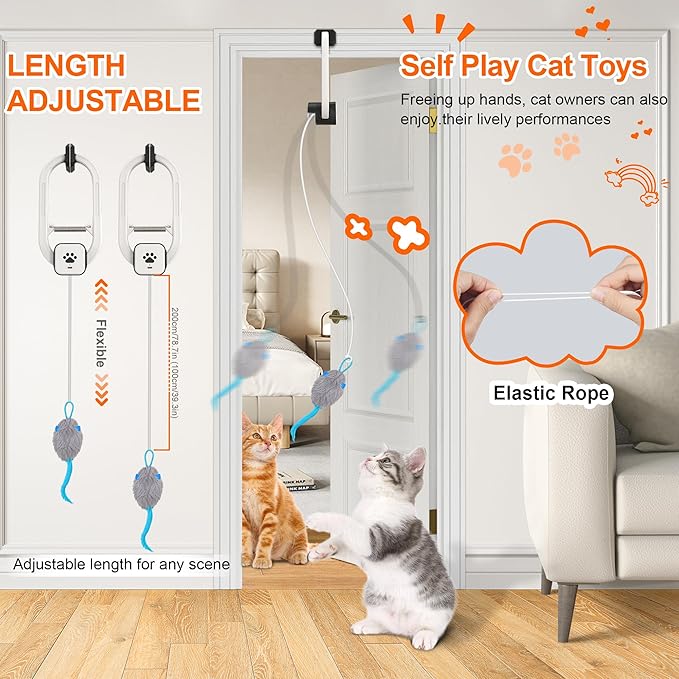 Cat Toy, Upgraded Smart Interactive Cat Toys with Remote Control, USB Rechargeable Door Hanging Retractable Kitten Toy for Self Play, Teaser Electronic Feather Cat String with 3 Plush Mice