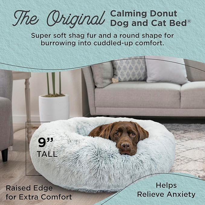 Best Friends by Sheri Original Calming Donut Dog and Cat Bed, Shag Faux Fur, Frost Gray, (36in x 36in) - Anxiety Relief for Pets Up to 100 lbs