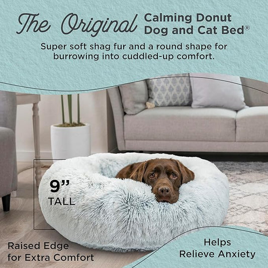 Best Friends by Sheri Original Calming Donut Dog and Cat Bed, Shag Faux Fur, Frost Gray, (36in x 36in) - Anxiety Relief for Pets Up to 100 lbs
