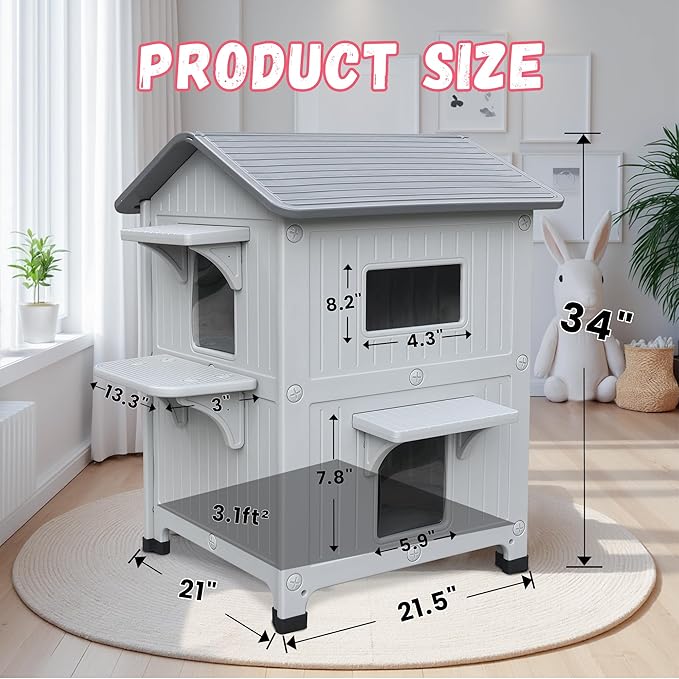 Plastic 2 Story Outdoor Cat House with Escape Door, Waterproof Cat House for Feral Cats for Outdoor Indoor Use, Sturdy Cat Houses for Outdoor Cats, Clean & Assemble Easily(Grey)