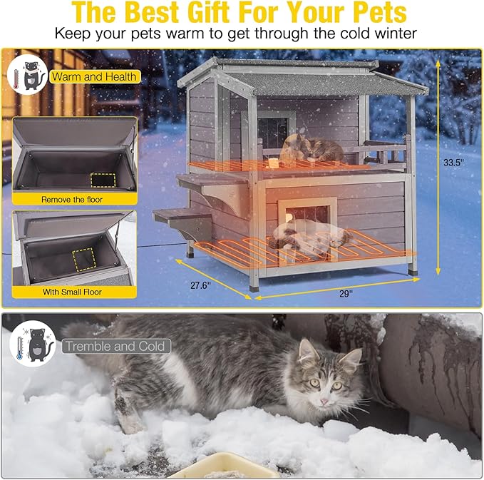 Aivituvin Heated Outdoor Cat House for Outside Insulated Feral Cat Shelter Weatherproof with Heated and Insulated Liner 2 Story