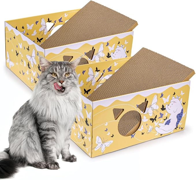 2 Pack Cardboard Cat Scratcher Boxes, 16.5 Inch Heavy Duty Cat Scratching Bed, Large Kitten Lounger with Double-Sided Scratch Pad, Hideaway House with Interactive Hole for Indoor Cats