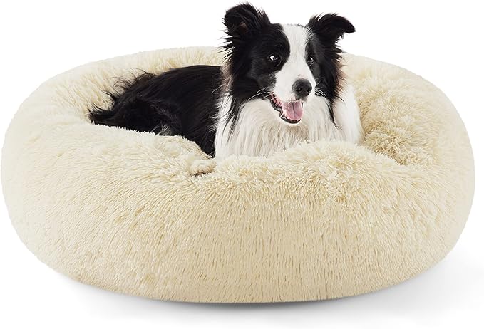 Bedsure Calming Dog Bed for Large Dogs - Donut Washable Large Pet Bed, Anti-Slip Round Fluffy Plush Faux Fur Dog Bed, Fits up to 80 lbs Pets, Cream, 36 inches