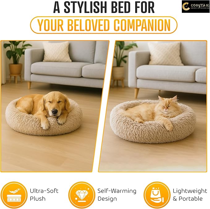 Anti-Anxiety Donut Pet Bed, Round Plush Faux Fur, Washable, Small to Medium Dogs and Cats (Brown, Large)