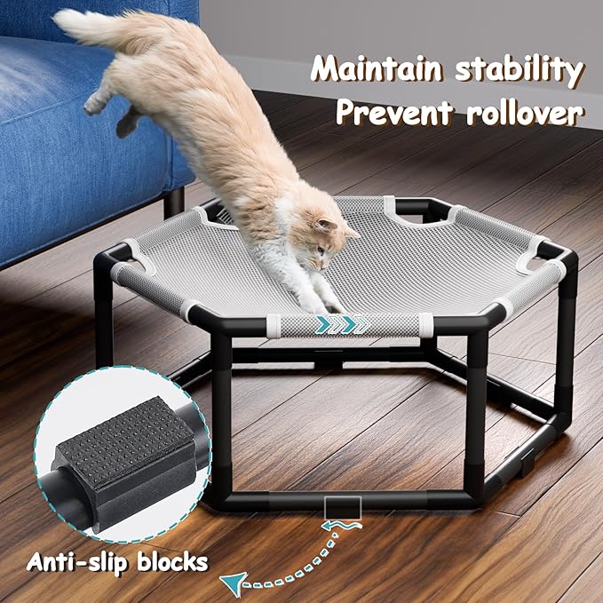 Tresbro Elevated Cat Hammock Bed, Hexagon Raised Cat Swing Bed for Indoor and Outdoor Use with Breathable Fabric & Anti-Slip Block, 23.6'' x 10.6'' x 12'' Pet Chair for Large to Small Kitty Cot