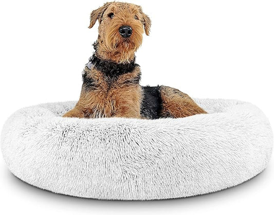 The Dog’s Bed Donut Large Dog Bed, Sound Sleep, Ice White Fur Calming Nest Bed, Veterinary Approved