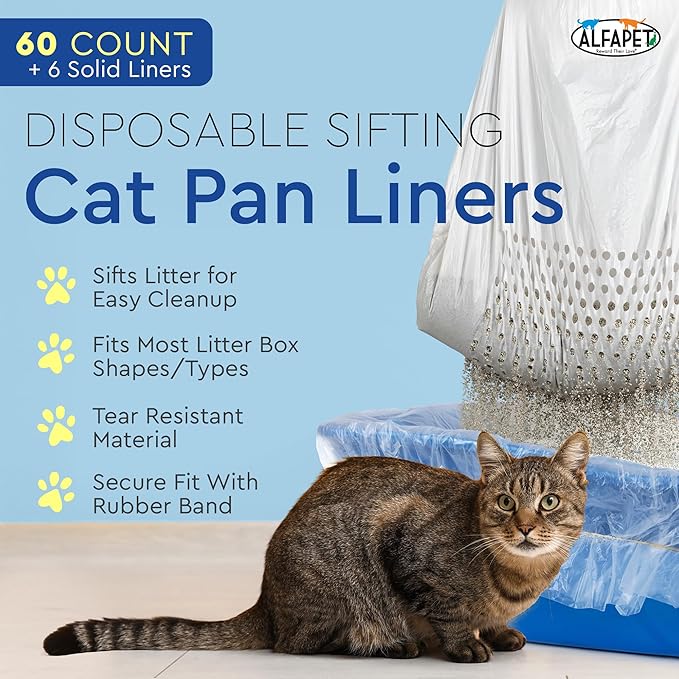 Alfapet Original Sifting Cat Litter Box Liners - Extra Giant 60 Count - Tear-Resistant Cat Litter Bags - Waterproof Kitty Litter Liners - Fits Almost All Litterbox Pan Sizes, 40" x 38", 30 lb Capacity