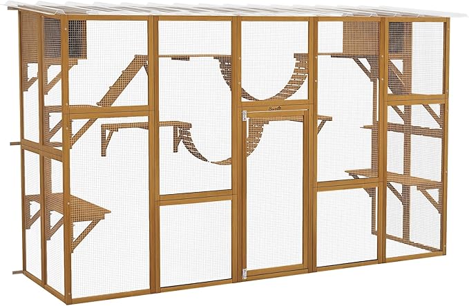 PawHut Catio Outdoor Cat Enclosure Window, Outdoor Cat House with Weather Protection Roof for Multiple Kitties, Wooden Frame, Shelves & Bridges, 118" x 37.5" x 74", Yellow