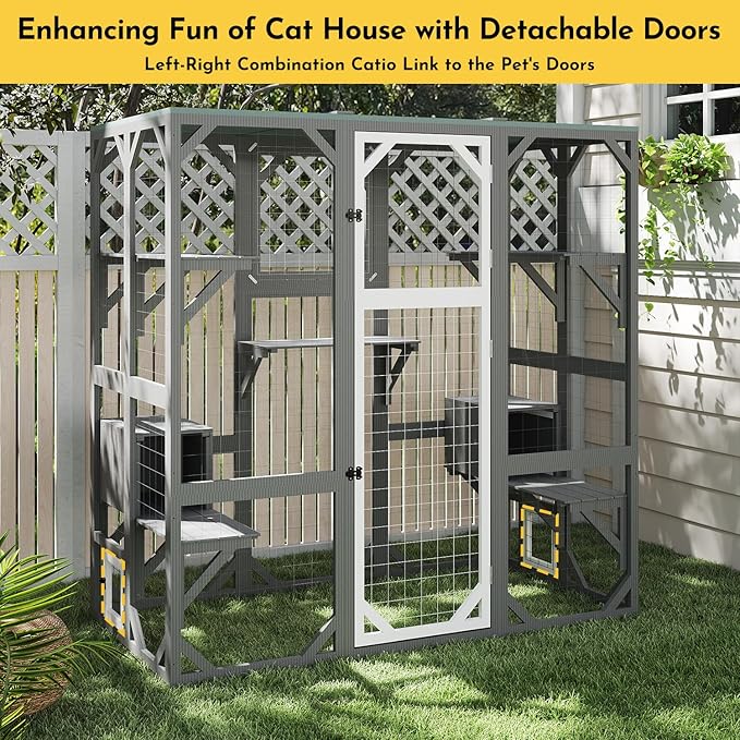 Outdoor Catio Cat Enclosures - Extra Large Wooden Outdoor Cat House Enclosure Weatherproof with Multi Platforms & Lounge Boxes, Indoor Interoperability - 71 Inch H