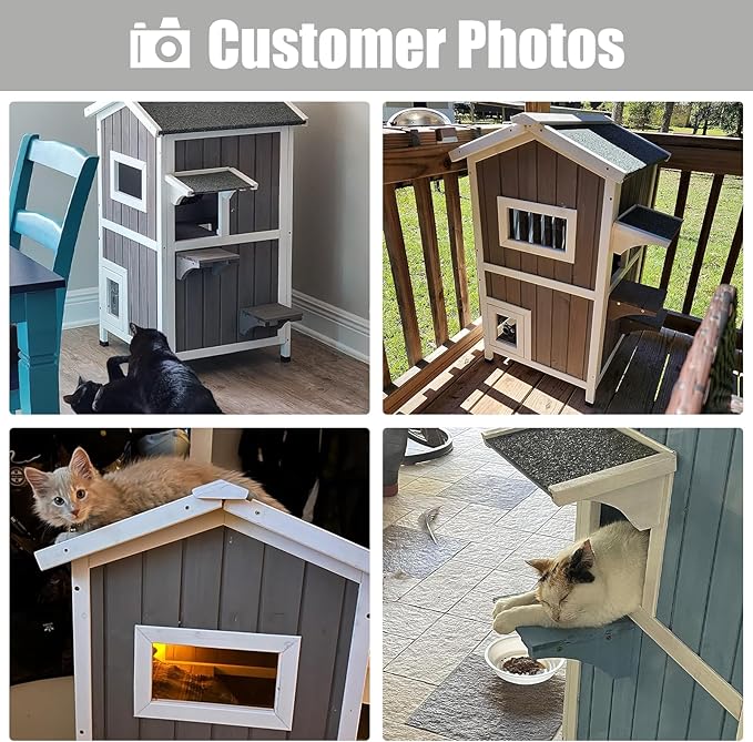 Outdoor Cat House Shelter Weatherproof, Two Story Wooden Outside Feral Cat House with Openable Roof, Escape Door