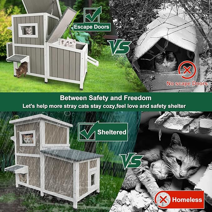 Outdoor Cat House Weatherproof, Two Story Wooden Cat House Outside Feral Shelter with 3 Escape Door, Cat Condo for Small Animals with Openable Asphalt Roof, Grey