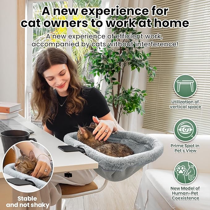 Cat Desk Bed - One-Click Folding,Sunken Design & Space-Saving Semi-Circular Cat Bed, Soft Faux Rabbit Fur Material, Suitable for Various Desktops-Maximum Hold Up to 40lb