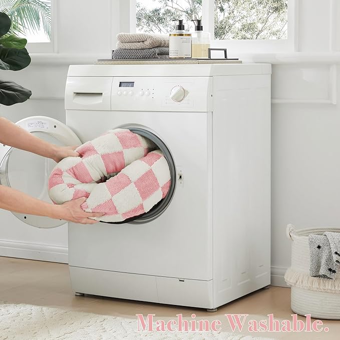 Checkered Cat Dog Bed, Cute Girly Pink Retro Style Aesthetic Round Warming Pet Calming Beds for Small Dog and Cats, Plush Cozy Donut Beds Washable, 23" L x 23" W x 8" Th