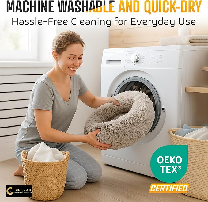 Anti-Anxiety Donut Pet Bed, Round Plush Faux Fur, Washable, Small to Medium Dogs and Cats (Brown, Large)