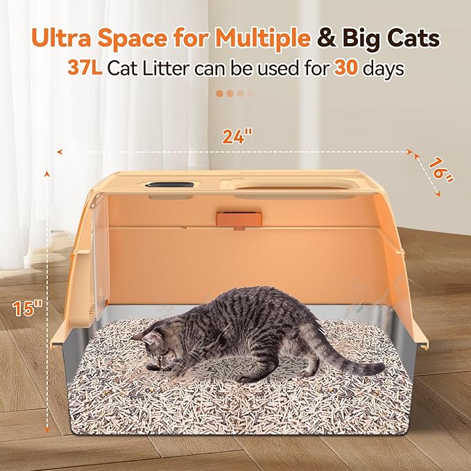 Stainless Steel Litter Box with Lid, Cat Litter Box Enclosure XL Odor-Proof with Litter Mat, Covered Litter Box Rust-Resistant Durable for Big Cat, Easy Clean 37L Capacity (Beige)